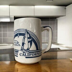 Oakland California Souvenir Ceramic Coffee Mug White Blue Speckled Sailboat